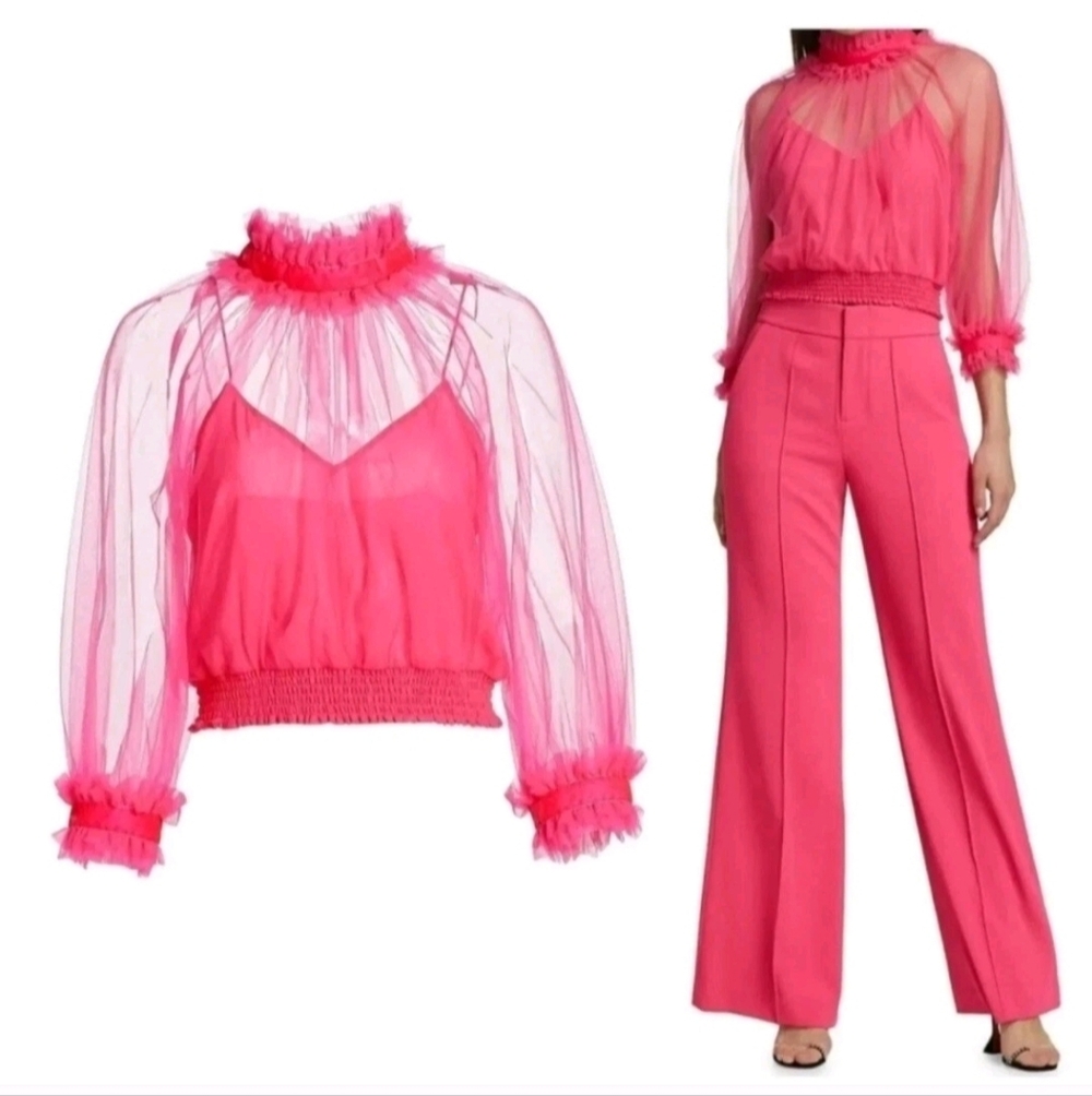 Alice + Olivia Alexia Ruffled Sheer Blouse in Pink Size  XS /S NWOT - Picture 8 of 13